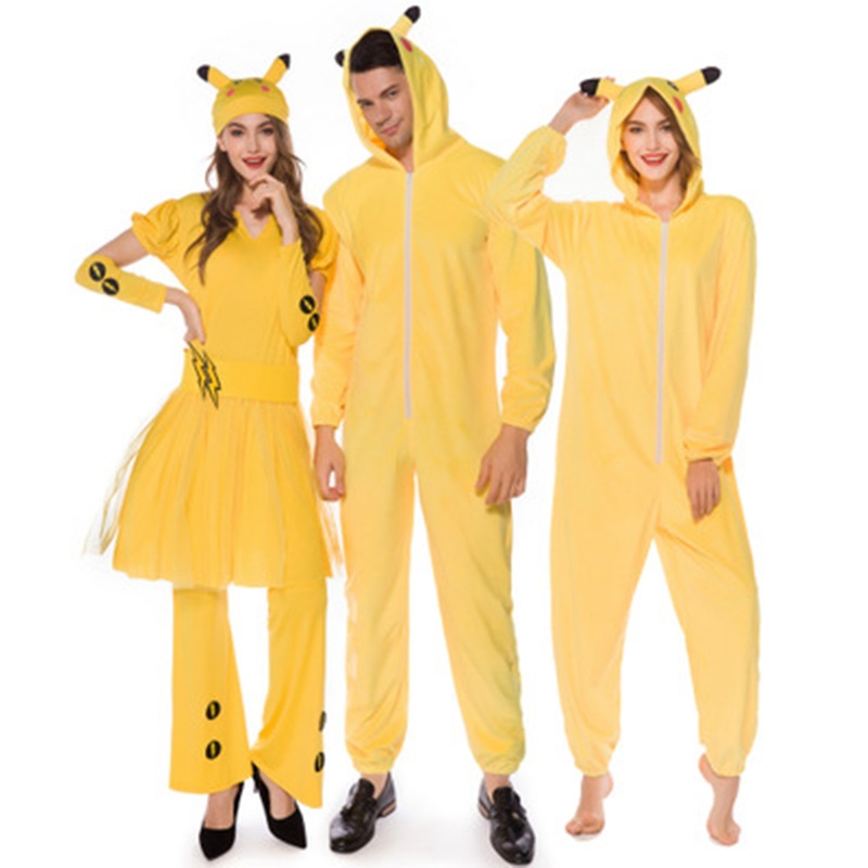 Unisex Yellow Cartoon Pikachu Couple Matching Halloween Cosplay Costume Jumpsuit Onepiece Kigurumi Women Men Adult
