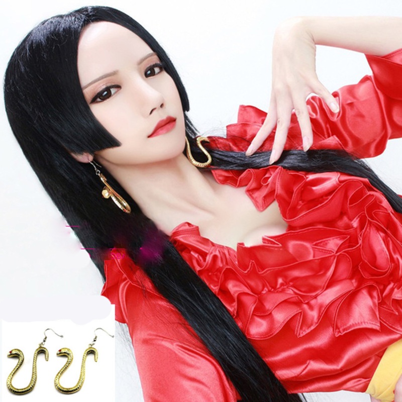 80cm One Piece Boa Hancock Cosplay Wig Black Long Straigt Hair Hankokku Costumes With Snake Earrings Ear Drops