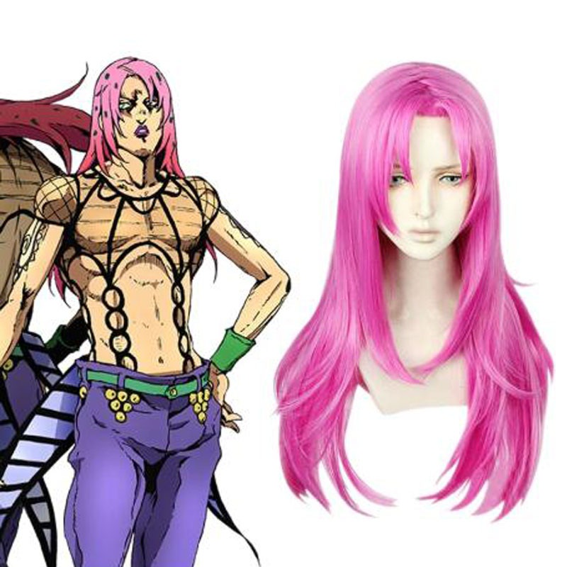 Anime Boss Diavolo Diaboro Cosplay Wig Jojos Bizarre Adventure Golden Wind Long Straight Rose Red Synthetic Hair Cap