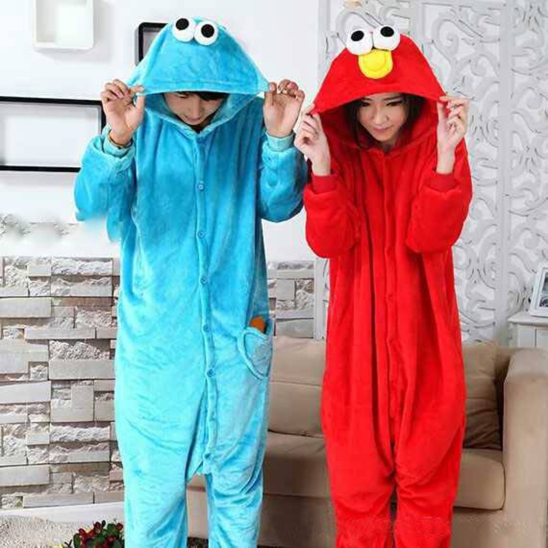 Blue Cookie Monster Red Street Elmo Onesies Animal Cosplay Costume Pajamas One Piece Pyjamas Hooded Sleepwear