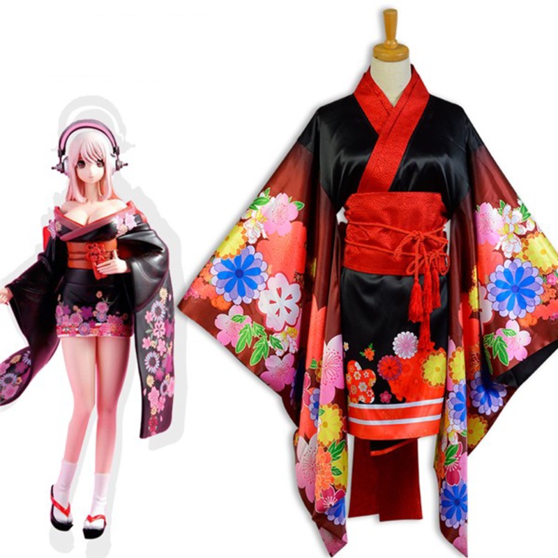 Anime Party Super Sonico The Animation Cosplay Costume Red Black Kimono Lolita Dress Skirt