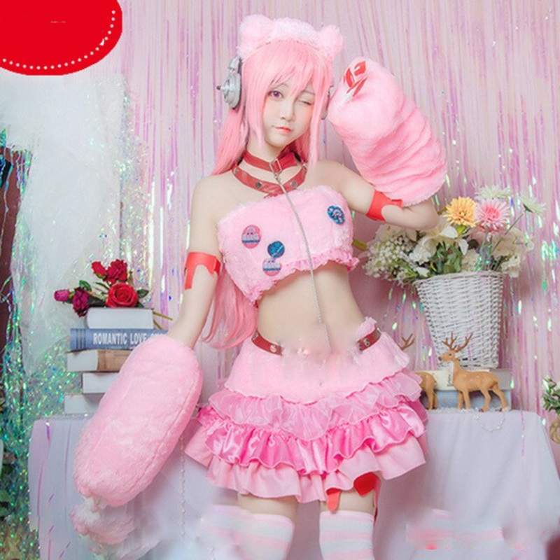 Anime Super Sonico Cosplay Pink Lolita Dress Uniform Costumes Full Set Women