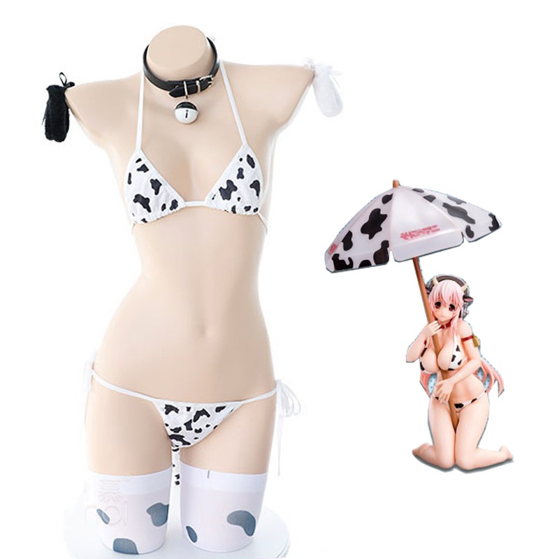 Anime Super Sonico Cow Cosplay Costume Lolita Girl Bikini Suit Underwear Sexy Bra And Panty Lingerie Set Stockings