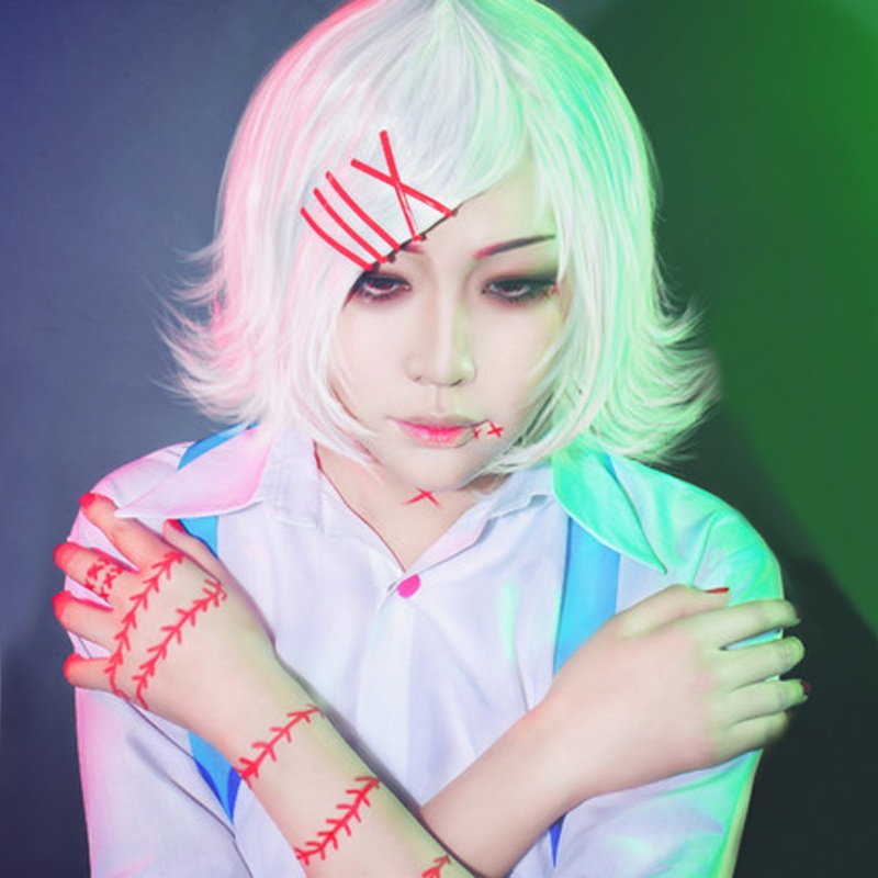 Anime Tokyo Ghoul Juzo Suzuya Pure White Heat Resistant Cosplay Costume Wig 5 Red Hairpins