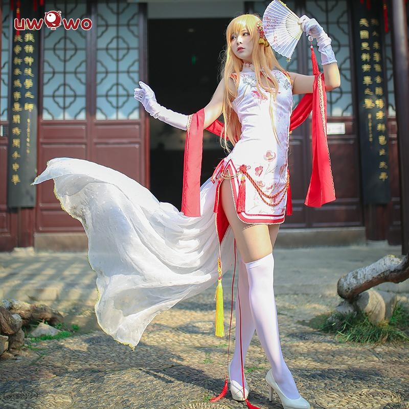 Uwowo Game Sword Art Asuna Cosplay Costume Women Sexy Cheongsam Dress Full Set